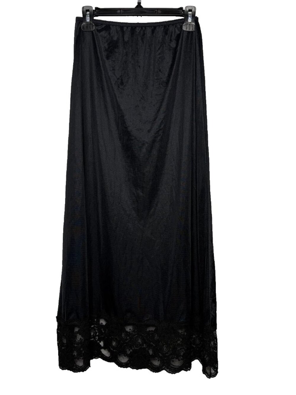Vintage 70’s Sliperfection Midi Half Slip Size M Black Nylon Floral Lace Hem